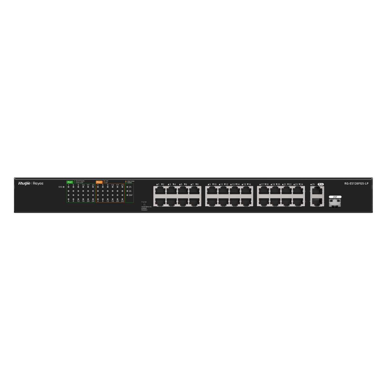 Ruijie RG-ES126FGS-LP, 24-Port 10/100 Mbps with 2-Port Gigabit Unmanaged PoE Switch