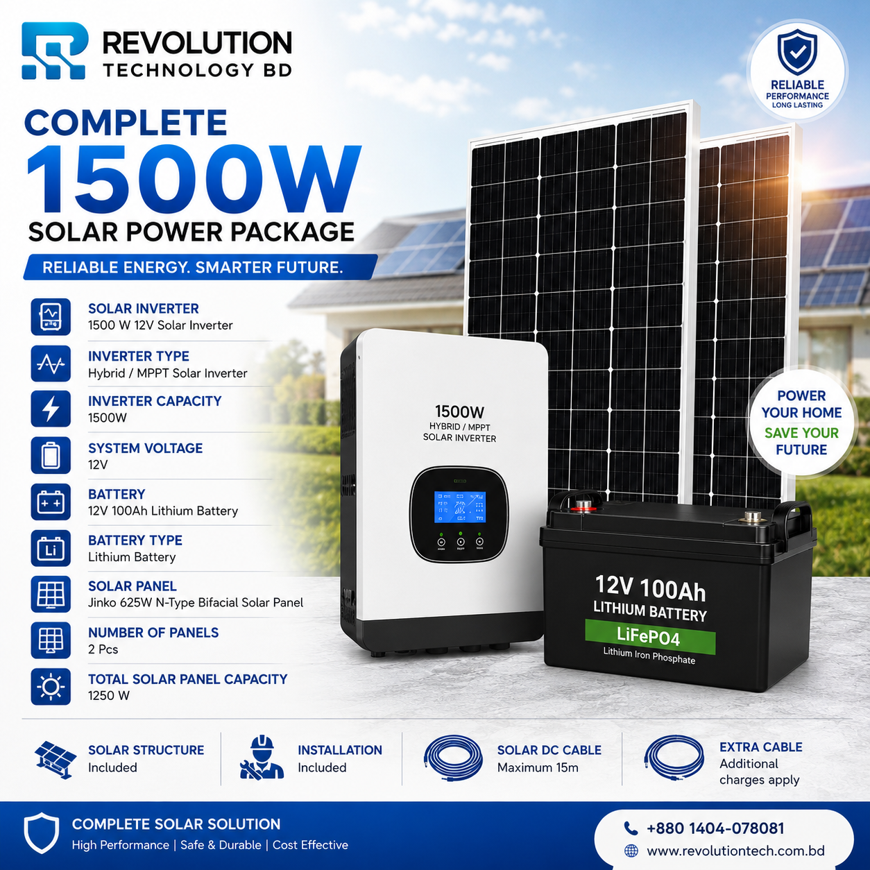 1.5KW Hybrid Solar Power Package | 1.5KW Hybrid Inverter &  Jinko 625 N- Type Bifacial 625*2= 1250W Solar Panel