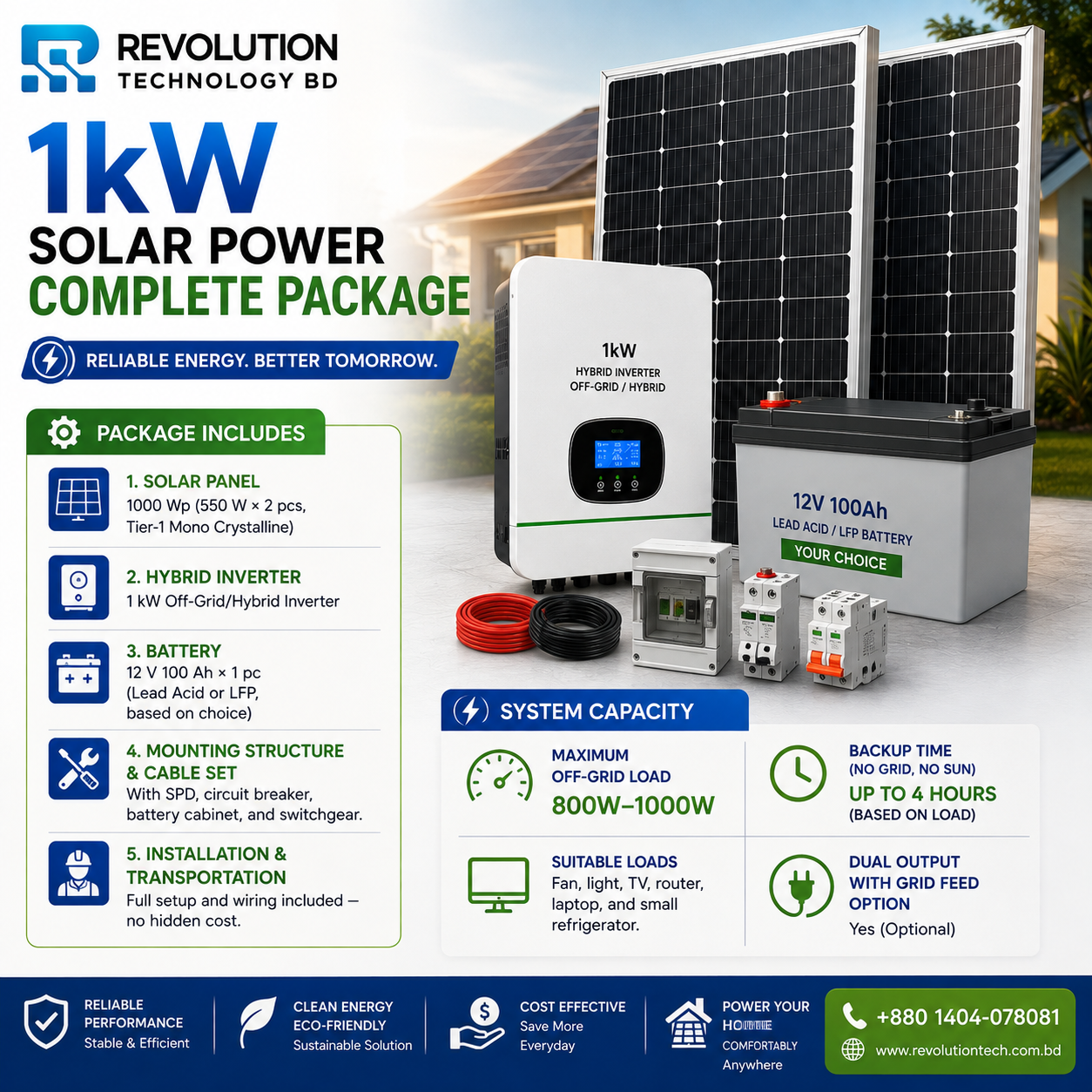 1KW Hybrid Solar Power Package | 1KW Hybrid Inverter & 550 W × 2 pcs Solar Panel