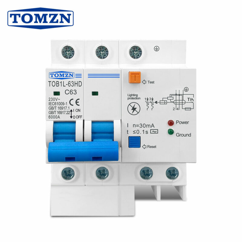 TOMZN TOB1L-63HD RCBO 2P Residual Current Circuit Breaker – Overload, Short Circuit, Earth Fault & Surge Protection