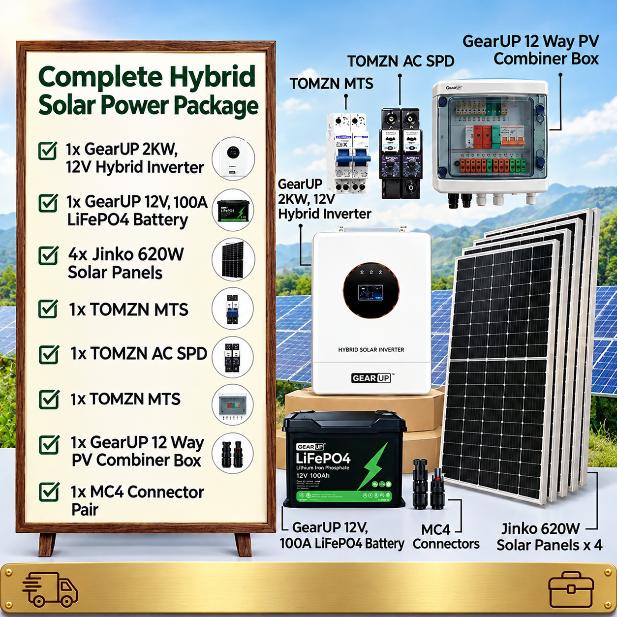 GearUP 2KW Hybrid Solar Power Package | GearUP 2KW Hybrid Inverter & 4 Jinko 620W Solar Panel