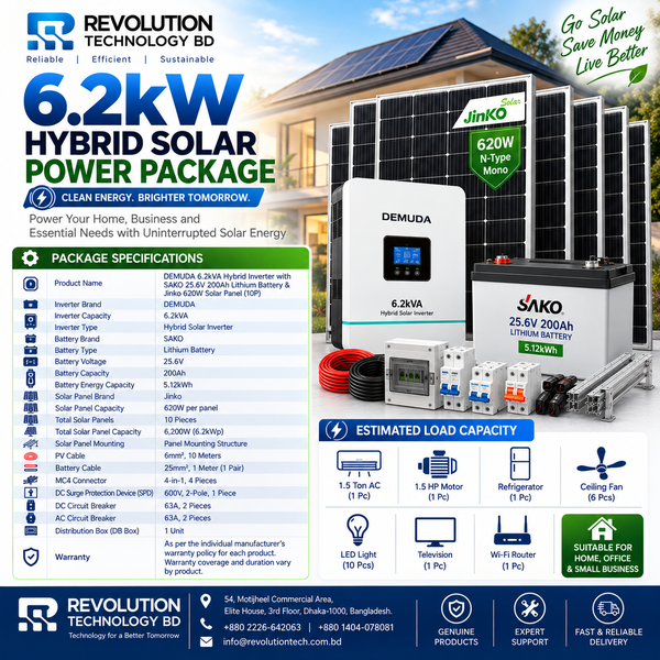 6.2KW Hybrid Solar Inverter | DEMUDA 6.2kVA Hybrid Inverter with SAKO 25.6V 200AH Lithium Battery & Jinko 620 watt Solar Panel (10P)