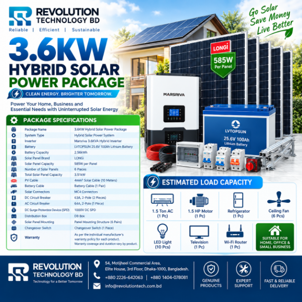 3.6KW Hybrid Solar Inverter | Marsriva 3.6KVA Hybrid Inverter with LVTOPSUN 25.6V 100Ah Lithium Battery & Longi 585 watt Solar Panel (6P)